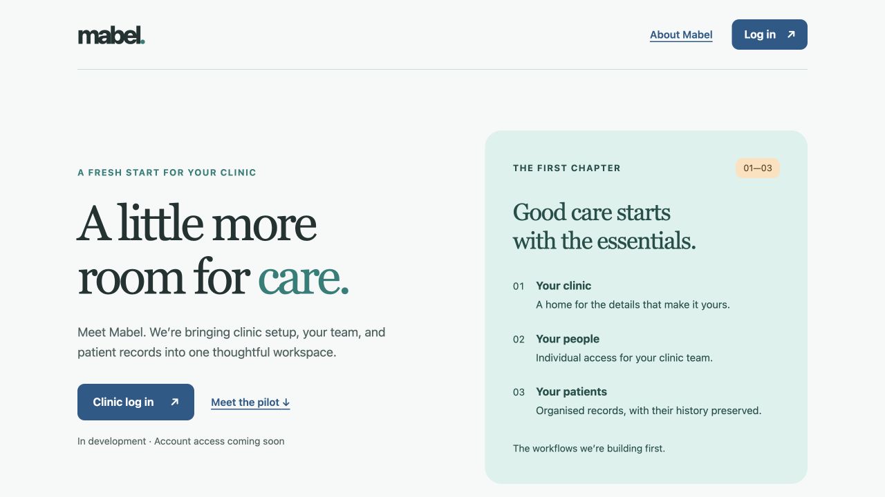 Mabel homepage preview showing its introduction and the first clinic workflows